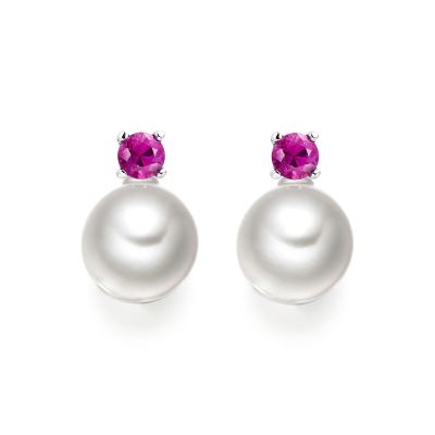 Pink Ruby Stud Earrings in White Gold with Akoya Pearls-1