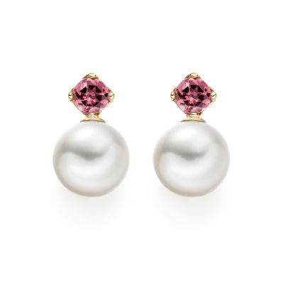 Lief Pink Tourmaline Earrings in Yellow Gold with Akoya Pearls-AEWRPT0466-1