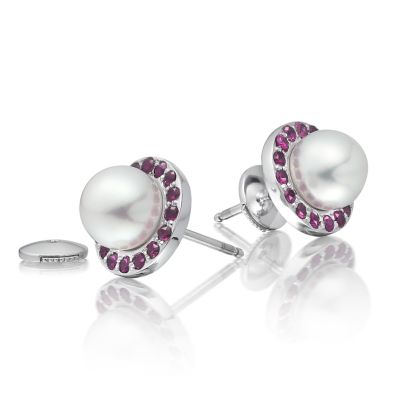 Akoya Pearl and Ruby Halo Studs in White Gold