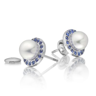 Akoya Pearl and Blue Sapphire Halo Studs in White Gold