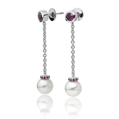Akoya Pearl and Ruby Drop Earrings in White Gold