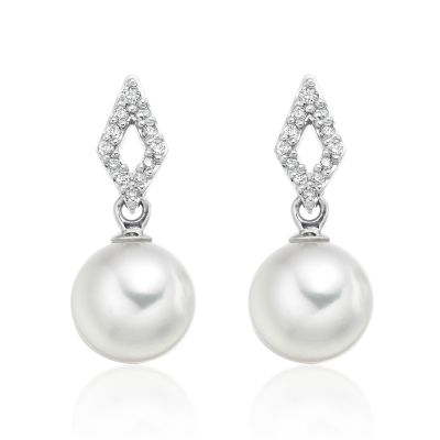 Zigzag Akoya Pearl and Diamond Earrings in White Gold
