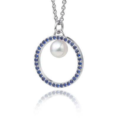 Blue Sapphire and Akoya Pearl Pendant with 18ct Gold Chain-APWRWG0129-1