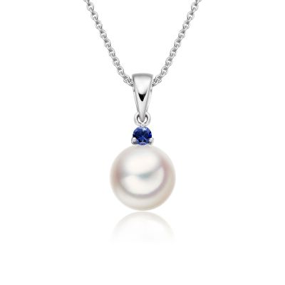 Akoya Pearl and Blue Sapphire Pendant in White Gold-1