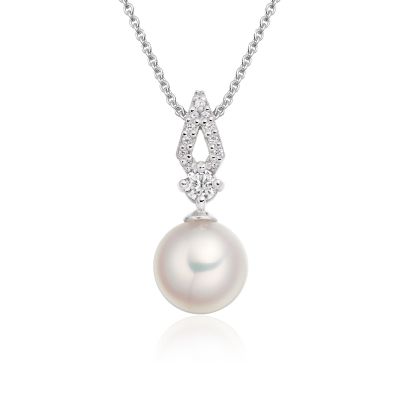 Zigzag Diamond and Akoya Pearl Pendant in White Gold-1