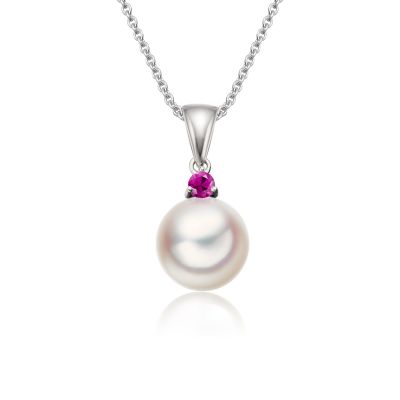 Akoya Pearl and Ruby Pendant in White Gold-1
