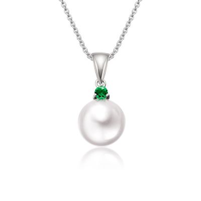 Akoya Pearl and Emerald Pendant in White Gold-1