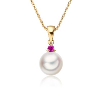 Akoya Pearl and Ruby Pendant in Yellow Gold-1