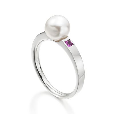 Akoya Pearl and Pink Sapphire Ring in White Gold
