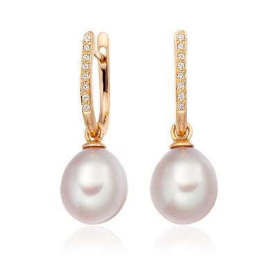 Rose Gold Diamond Leverback And Pink Freshwater Pearl Earrings-1