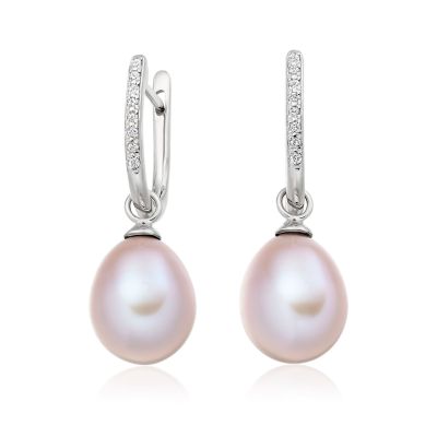 White Gold Diamond Leverback And Pink Freshwater Pearl Earrings-1
