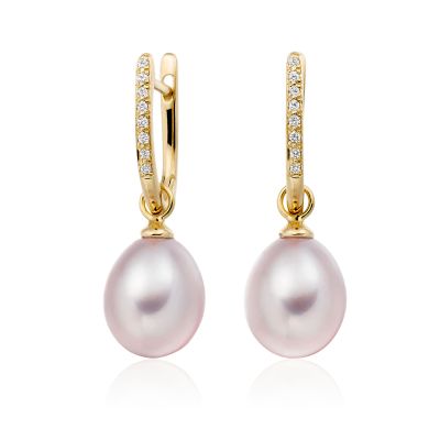 Yellow Gold Diamond Leverback And Pink Freshwater Pearl Earrings-1