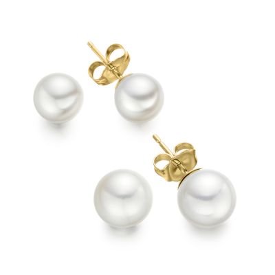 Classic White Freshwater Pearl Stud Earrings in Yellow Gold