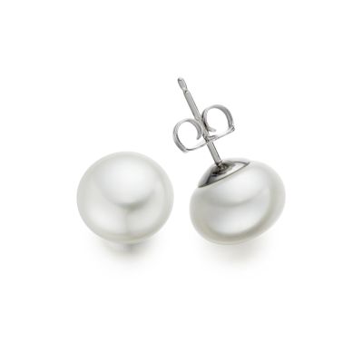 White Button Freshwater Pearl Studs in White Gold