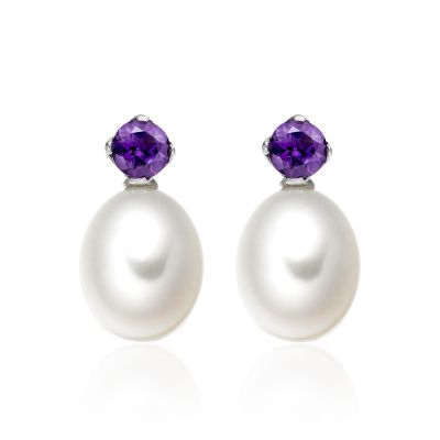 Lief Amethyst Earrings in White Gold with Freshwater Pearls-FEWDAM0467-1