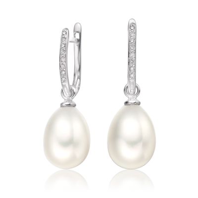 White Gold Diamond Leverbacks with White Freshwater Pearls-FEWDWG0272-1