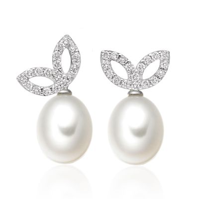 Enchanted Diamond Studs in White Gold with Freshwater Pearls-FEWDWG0478-1