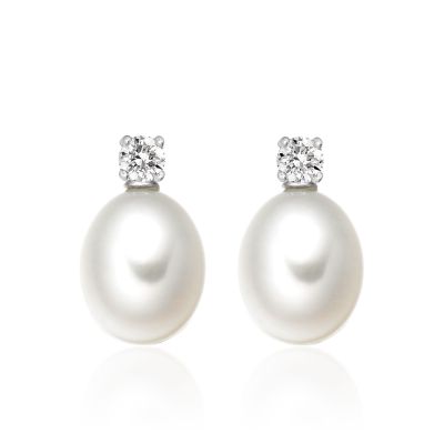 Diamond Studs in White Gold with White Freshwater Pearls-FEWDWG0489-1