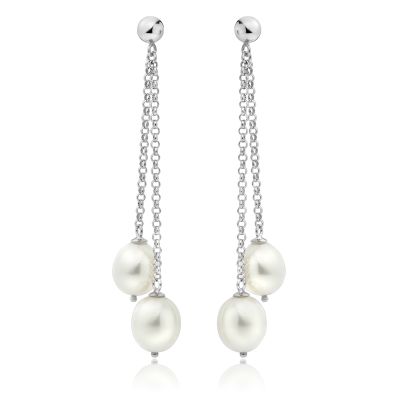 White Freshwater Pearl Waterfall Earrings in Silver