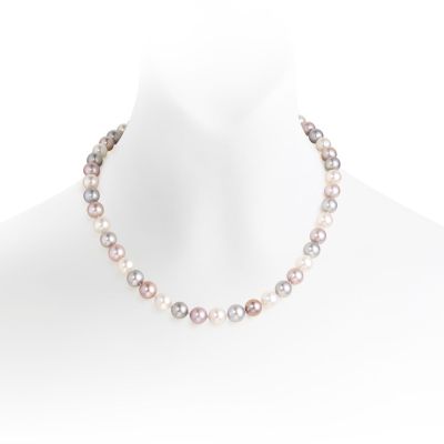 White, Pink and Grey Freshwater Pearl Necklace with Silver-FNTRSS0054-1