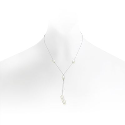 White Drop Pearl Lariat Necklace with Silver Chain-FNWOSS0296-1
