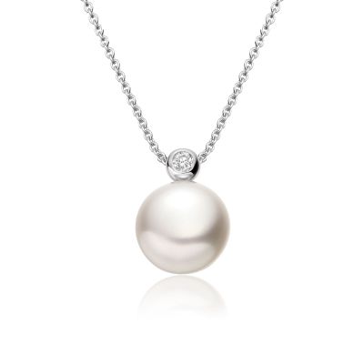 White Button Freshwater Pearl and Diamond Pendant with 18ct Gold-White Button Freshwater Pearl and Diamond Pendant with 18ct Gold-FPWBWG0103-1