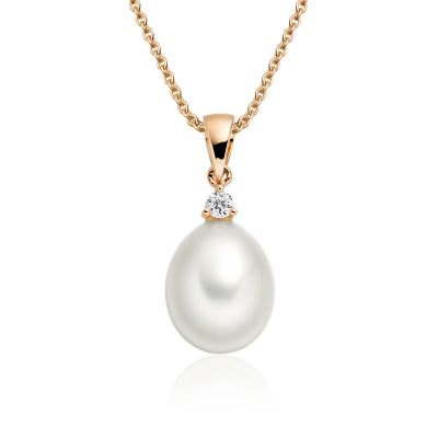 White Freshwater Drop Pearl and Diamond Pendant with Rose Gold Chain-1