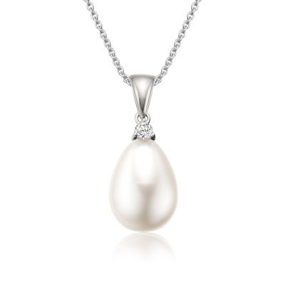 White Freshwater Drop Pearl and Diamond Pendant with 18ct White Gold-FPWDWG1119-1