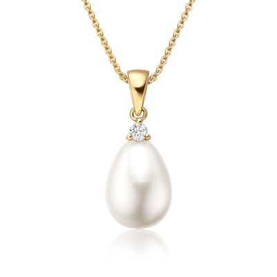 White Freshwater Drop Pearl and Diamond Pendant with 18ct Yellow Gold-FPWDYG1120-1