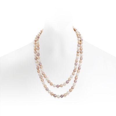 Long Multi-coloured Oval Freshwater Pearl Necklace with Silver-FSMOSS0078-1