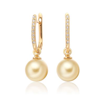 Yellow Gold Diamond Leverbacks with Golden South Sea Pearls-SEGRYG0275-1