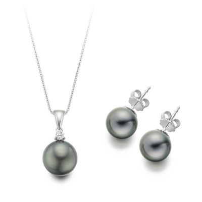 Black Tahitian Pearl Pendant Necklace and Earrings Set