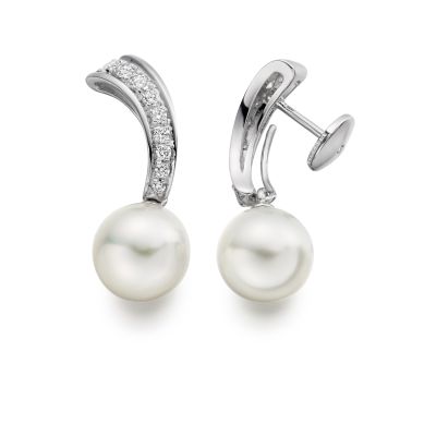 White South Sea Pearl and Diamond Wave Earrings in White Gold