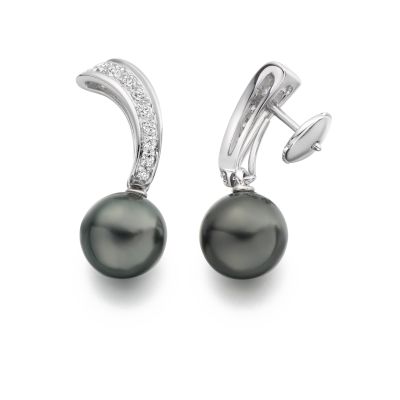 Black Tahitian Pearl and Diamond Wave Earrings in White Gold
