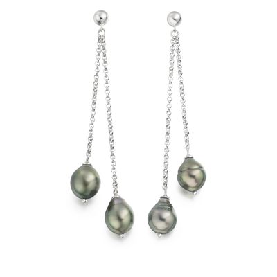 Grey Baroque Tahitian Pearl Waterfall Earrings in Silver