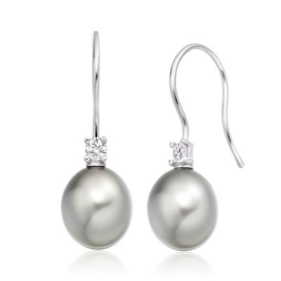 Tahitian Drop Pearl and Diamond Hook Earrings in White Gold - TEGDWG0625-1