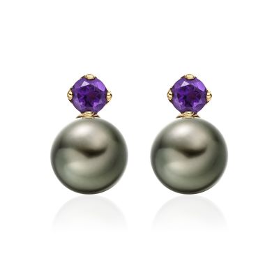 Lief Amethyst Earrings in Yellow Gold with Tahitian Pearls-TEGRAM0475-1