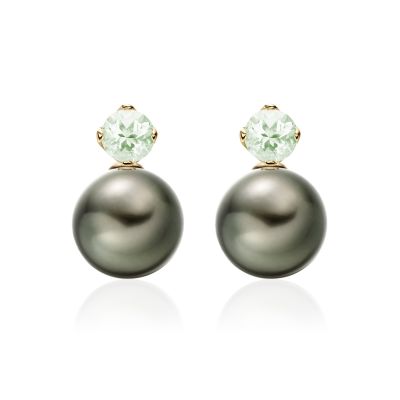 Lief Green Beryl Earrings in Yellow Gold with Tahitian Pearls-TEGRGB0484-1