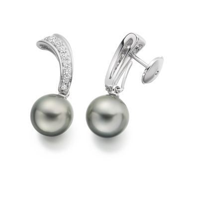 Grey Tahitian Pearl and Diamond Wave Earrings in White Gold