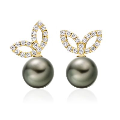 Enchanted Diamond Studs in Yellow Gold with Tahitian Pearls-TEGRYG0488-1