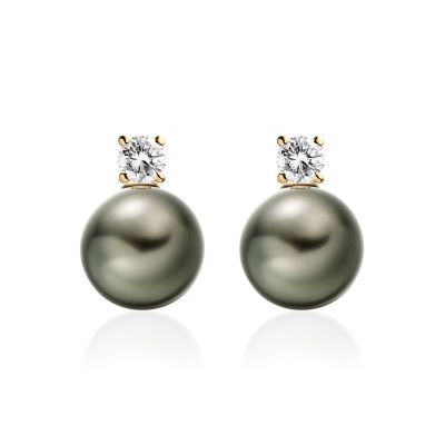 Diamond Studs in Yellow Gold with Black Tahitian Pearls-TEGRYG0492-1