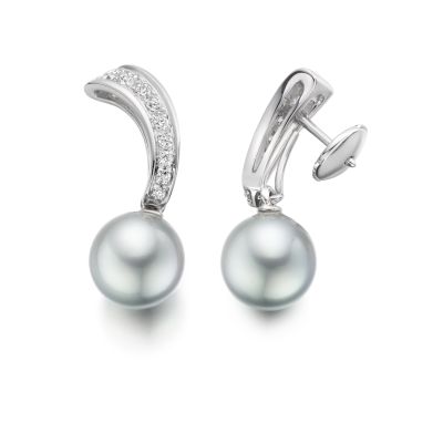 Silver Tahitian Pearl and Diamond Wave Earrings in White Gold