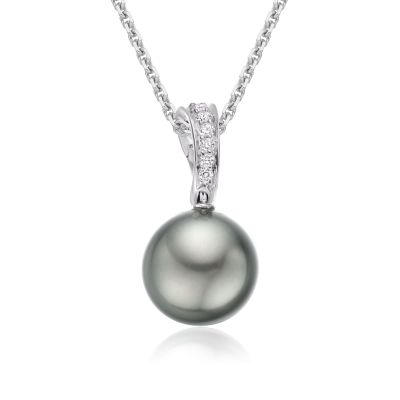 Tahitian Grey Pearl and Pave Diamond Pendant with 18ct Gold Chain-TPGRWG0090-1