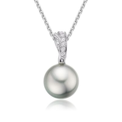 Tahitian Silver Pearl and Pave Diamond Pendant with 18ct Gold Chain-TPSRWG0089-1