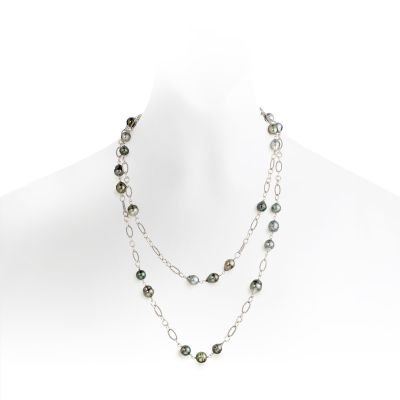 Long Grey Baroque Tahitian Pearl Sautoir Necklace with Silver-TSGBSS0097-1