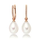 Rose Gold Diamond Leverbacks with White Freshwater Pearls-FEWDRG0274-1