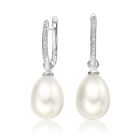 White Gold Diamond Leverbacks with White Freshwater Pearls-FEWDWG0272-1
